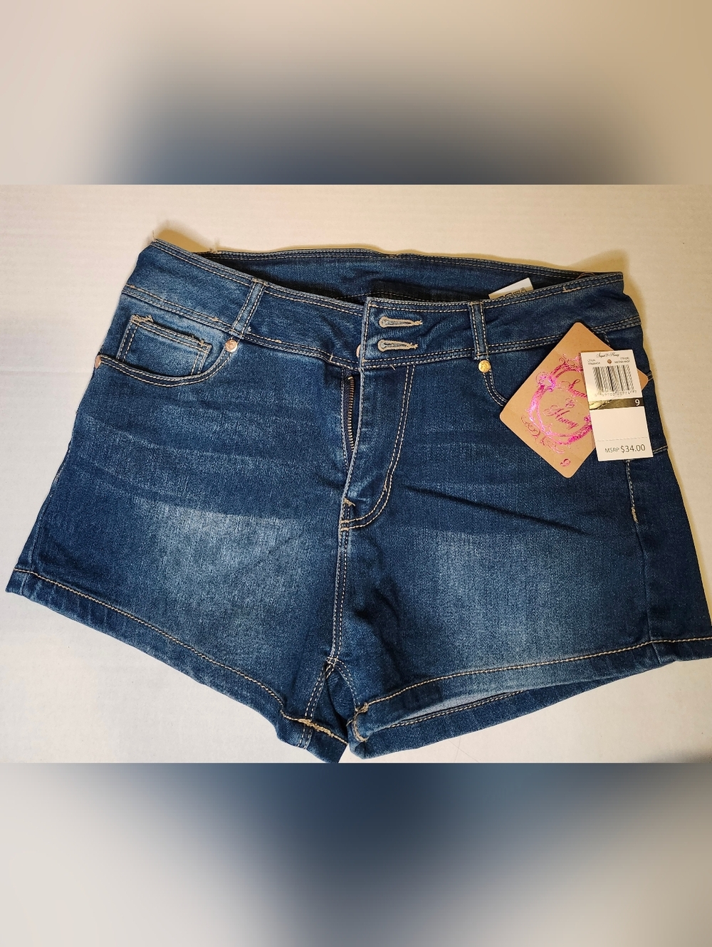 Sugar & Honey High-Rise Dark Blue Denim Shorts with Double Button Waist. New.